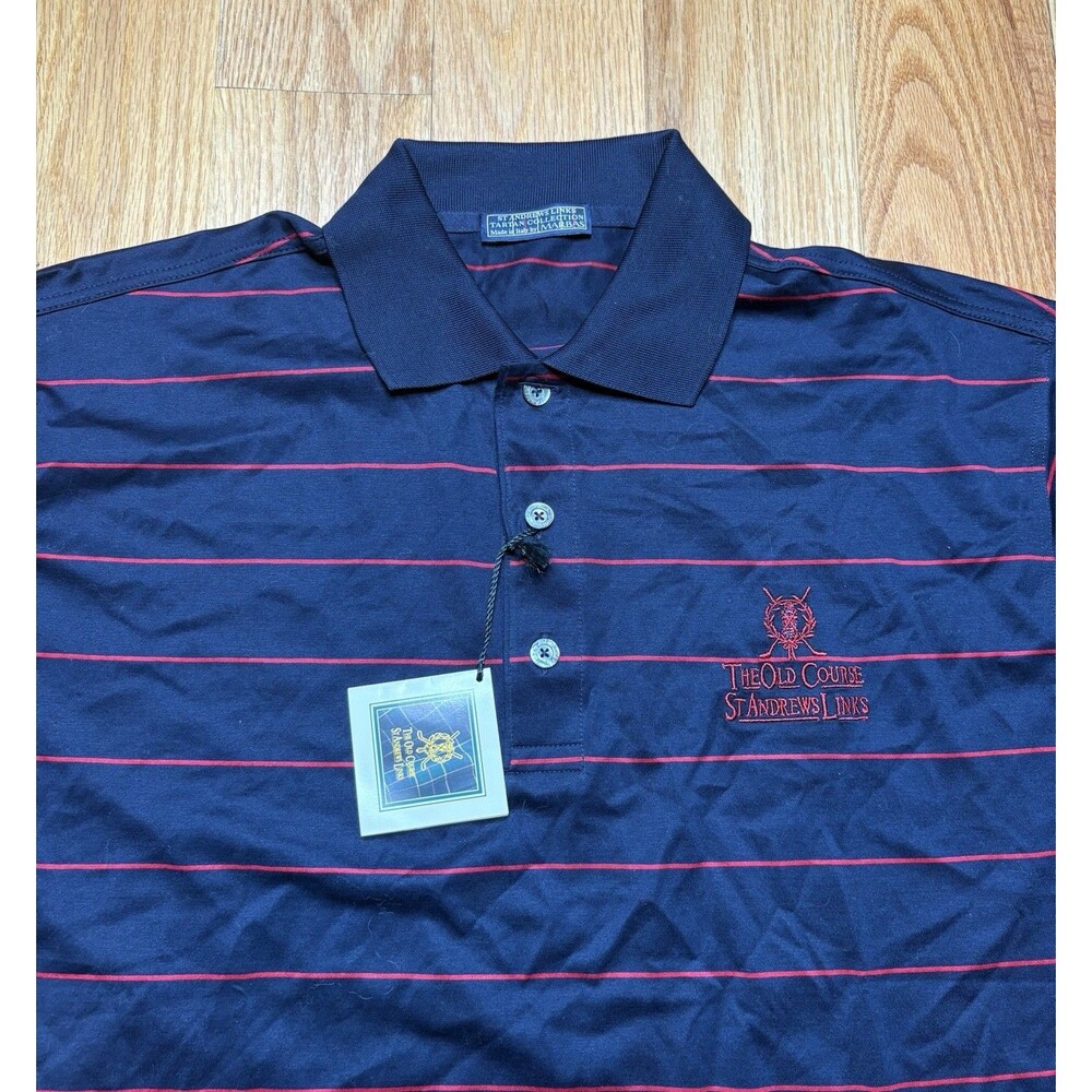St Andrews Links Tartan Collection Polo Shirt Size M Striped Blue Red Golf